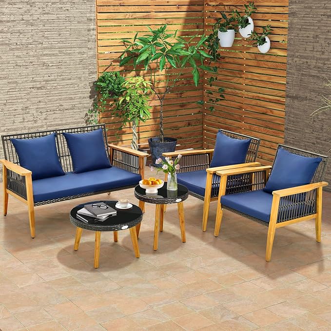 Tangkula 5 Piece Outdoor Conversation Set, Patiojoy Rattan Chair Set with 2 Coffee Tables, Stable Acacia Wood Frame, Cozy Seat & Back Cushions, Patio Wicker Furniture Set for Backyard, Poolside (Navy)