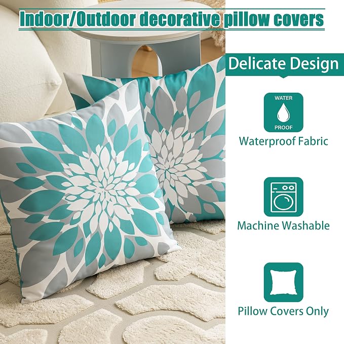 Pack of 4 Outdoor Waterproof Pillow Covers 24x24 Decorative Outdoor Throw Pillows Garden Square Cushion Cases for Patio Furniture, Couch, Tent Sunbrella, Bench, Teal Turquoise Grey