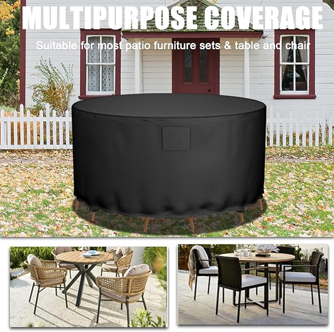 Falflor Round Patio Table & Chair Cover - 600D Oxford, Waterproof, Windproof, Anti-UV - 50''D x 28''H