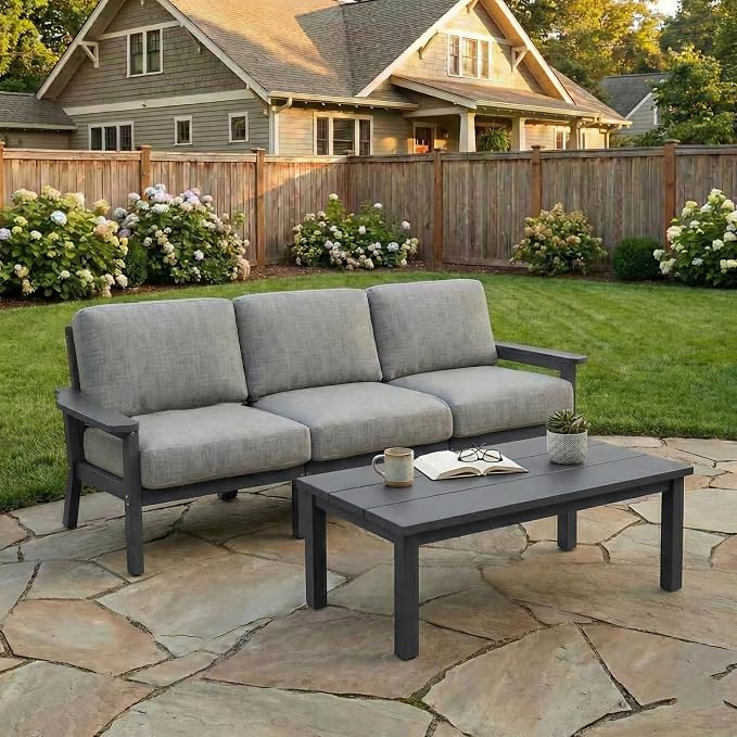 Kingdura HDPE Patio Furniture Set, 4 Piece Outdoor Sectional Sofa with Coffee Table, All Weather Outdoor Couch Conversation Set with Washable Cushions for Backyard Poolside Balcony