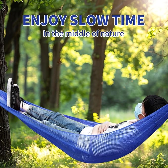 Outdoor Hammock, Ultra Soft & Breathable Nylon Mesh Design, Cool Ice Silk Mesh Hammock, Outdoor Anti-Rollover Hammock Chair - 330 LB Max Load Capacity (Blue)