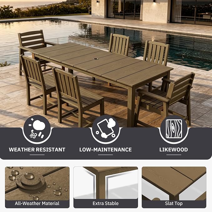 AreShark 7-Piece Outdoor Dining Set,HDPE Patio Table with 6 Armchairs,All-Weather Patio Furniture Set with Umbrella Hole,Low Maintenance Wood Grain Dining Set for Backyard,Garden,Poolside,Black