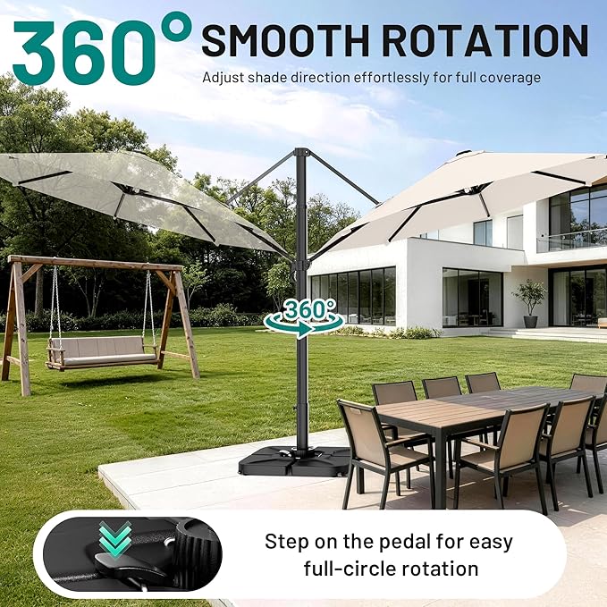 AreShark 11FT Round Cantilever Patio Umbrella with Base Included, 360° Rotation Offset Outdoor Umbrella, 5 Tilt Settings Heavy Duty Hanging Parasol for Deck Garden Pool, Cream White