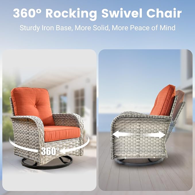 8 Pieces Patio Sectional Furniture Set, Outdoor Wicker Sectional Couch with High Back Swivel Rocker Chairs Solar Lights Table, Modern Conversation Set for Porch Balcony Backyard, Orange