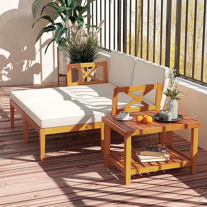 HAPPYGRILL 5 Pieces Acacia Wood Patio Chaise Lounge Chair Set with Ottoman, Outdoor Patio Furniture Set with Cushions and 2-Tier Coffee Table, Outdoor Sectional Conversation Sofa Set for Garden