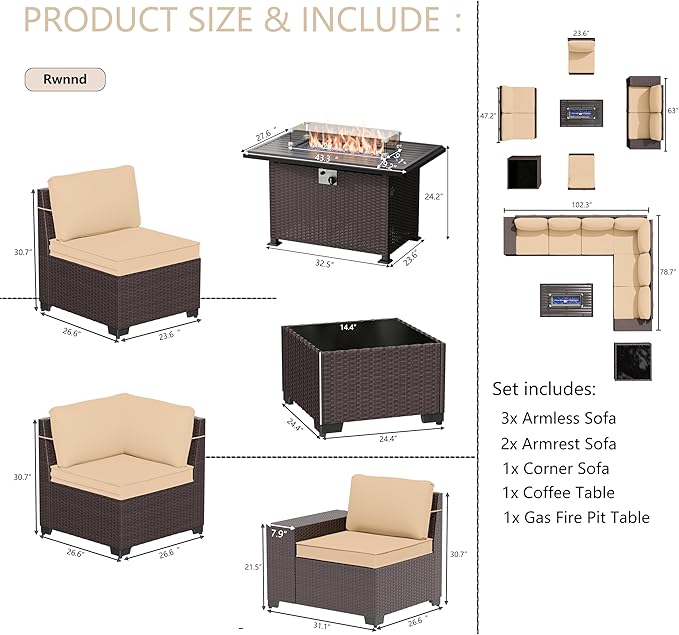 Patio Set Sofa High Back 7 Pieces Wicker Sectional Sofa with 55,000 BTU Gas Fireplace Table, Rattan Outdoor Furniture Set with Thicken Cushion and Coffee Table, Sand