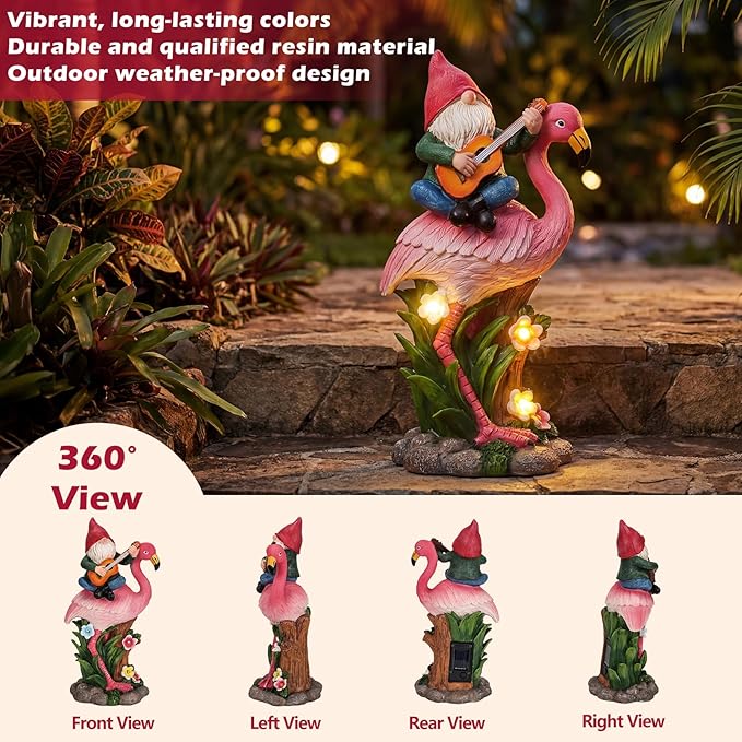 EXYGLO Solar Gnome Garden Statue Decor, 10" Gnome Riding Flamingo Outdoor Funny Decoration for Lawn, Patio, Yard, and Unique Housewarming, Birthday Ornament Gift for Mother, Friend, Family
