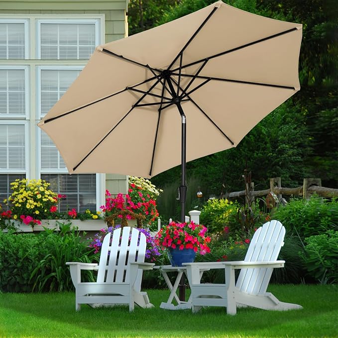 MEWAY 9ft Patio Umbrella Outdoor Table Umbrellas with Push Button Tilt and Crank, Market Umbrella 8 Sturdy Ribs for Deck, Garden, Pool and Backyard, Tan