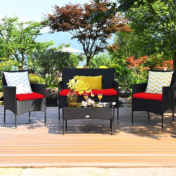 Tangkula 4 Piece Patio Furniture Set, Outdoor Wicker Conversation Set with Tempered Glass Coffee Table, Rattan Loveseat & Chairs Set with Seat Cushions for Backyard, Garden, Poolside (1, Red)