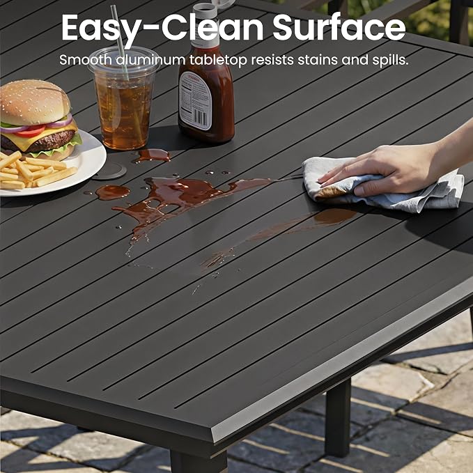 57” Square Outdoor Dining Set for 8 with Stackable Armchairs | 57” Square Aluminum Patio Table with Umbrella Hole Rust-Proof Patio Furniture for Lawn Backyard Garden, Black