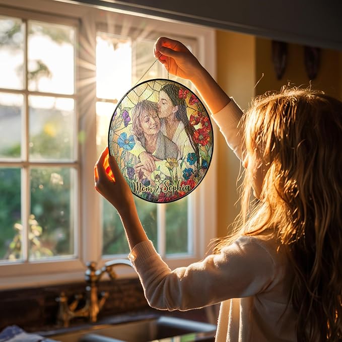 Custom Photo Stained Glass Window Hanging Suncatcher - Personalized Floral Keepsake Heartfelt Decoration for Home - Mother's Day, Father's Day, Birthday Gift for Mom, Dad, Grandma