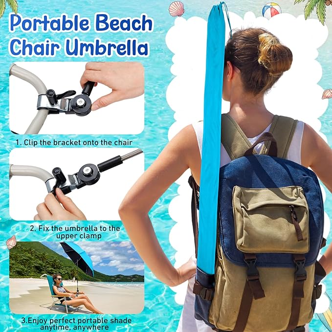Sadnyy 6 Pcs Beach Chair Umbrella with Universal Clamp, 360 ° Adjustable Clip on Umbrellas 42" UPF 50+ Portable Sun Shade for Beach Chair Patio Camping Wheelchair Stroller Golf Cart