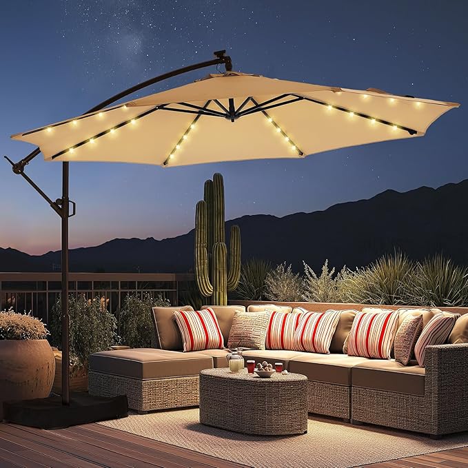 HOMSHADE 10ft Solar Lights Offset Cantilever Patio Umbrella - with Light and Base, LED Lighted Offset Hanging Patio Outdoor Market Umbrella UPF50+ UV Protection with Easy Tilt and Crank (Beige)