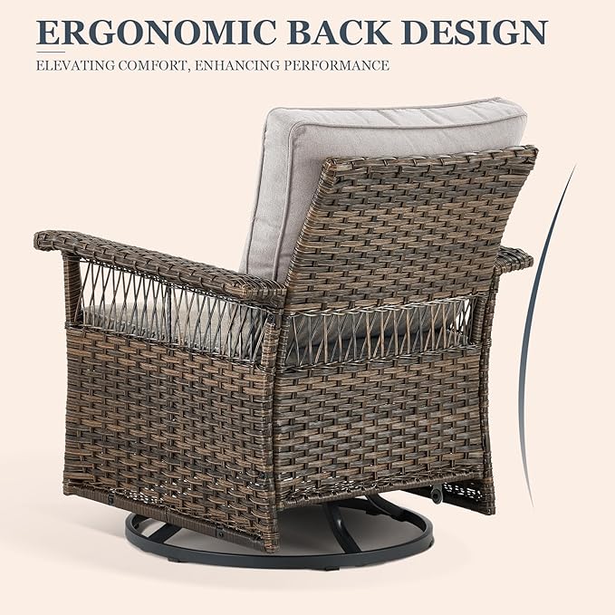 Patio Furniture Set 2 Wicker Swivel Glider Chairs 2 PE Rattan Ottomans with Patio Side Table Brown Wicker Beige Cushions Patio Conversation Set 5pcs for Garden Backyard