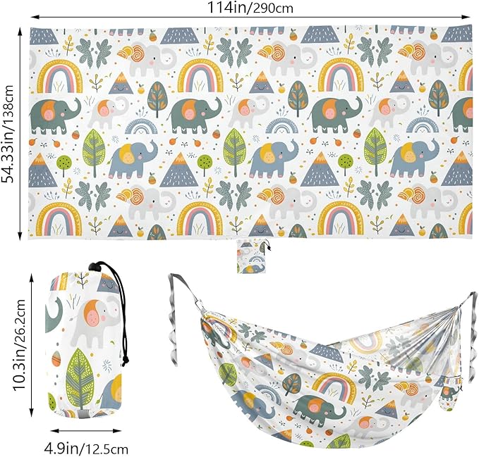 Camping Hammock Outdoor Hammocks for Outside Cute Elephant Rainbow Beach Trees Portable Lightweight with Pockets Tree Straps Indoor