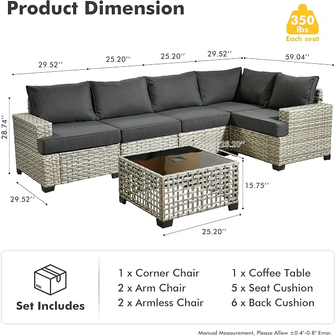 HOOOWOOO Sectional Patio Furniture Set with Solar Light Table,6 Pieces Wicker Outdoor Furniture L Shaped Couch,Outside Conversation Set with Extra Deep Seat Sofa Wide Arm,Black
