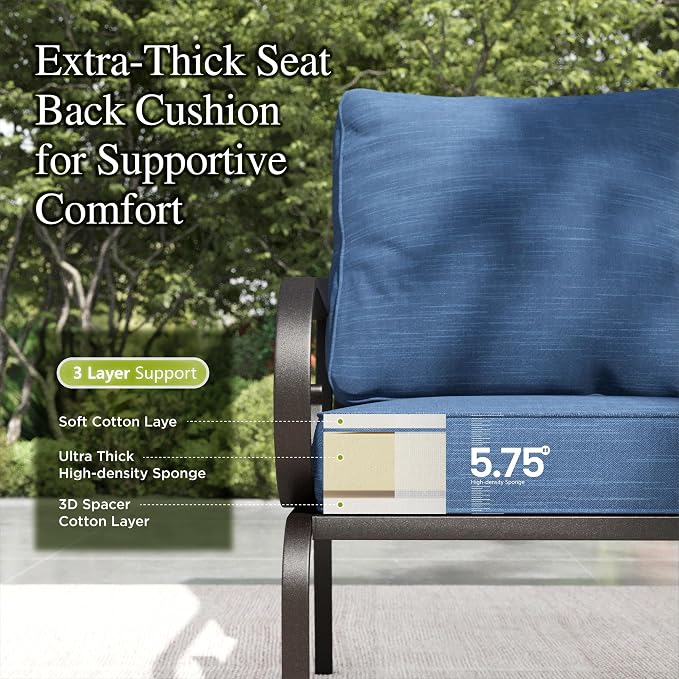 Sophia & William Patio Conversation Set for 5, 3-Seater Sofa, 2 Fixed Chairs and a Coffee Table, Metal Outdoor Furniture with 5.75" Extra Thick Cushions, Navy