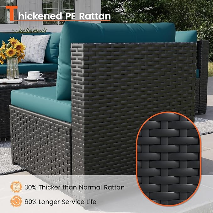 Patio Furniture Set, 7-Piece Outdoor Sectional All-Weather Wicker Patio Conversation Set for Backyard, Garden, Peacock Blue
