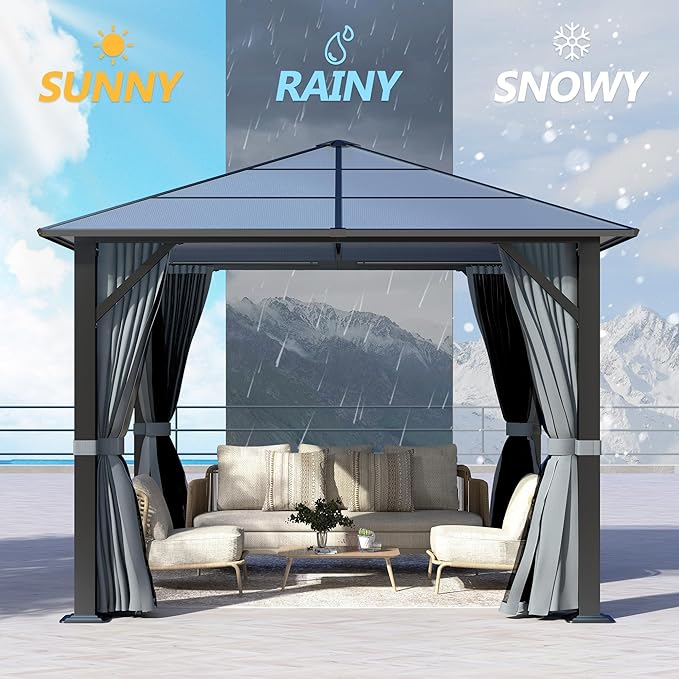 GARTOO 9.5'x9.5' Outdoor Hardtop Gazebo, Patio Gazebo with Translucent Roof, Polycarbonate Top Metal Frame Garden Tent with Breathable Mesh and Privacy Curtains for Patio Lawn Garden Backyard, Gray