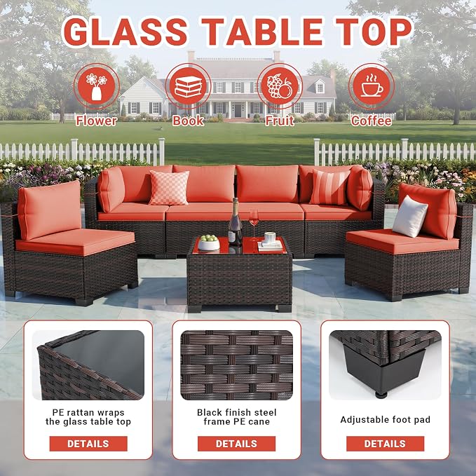 CHABATREE 7-Piece Outdoor Patio Furniture Sets, Manual Weaving Rattan Conversation Sectional Sofa with Tempered Glass Coffee Table, All-Weather PE Wicker & Thick Cushions for Garden, Backyard, Porch