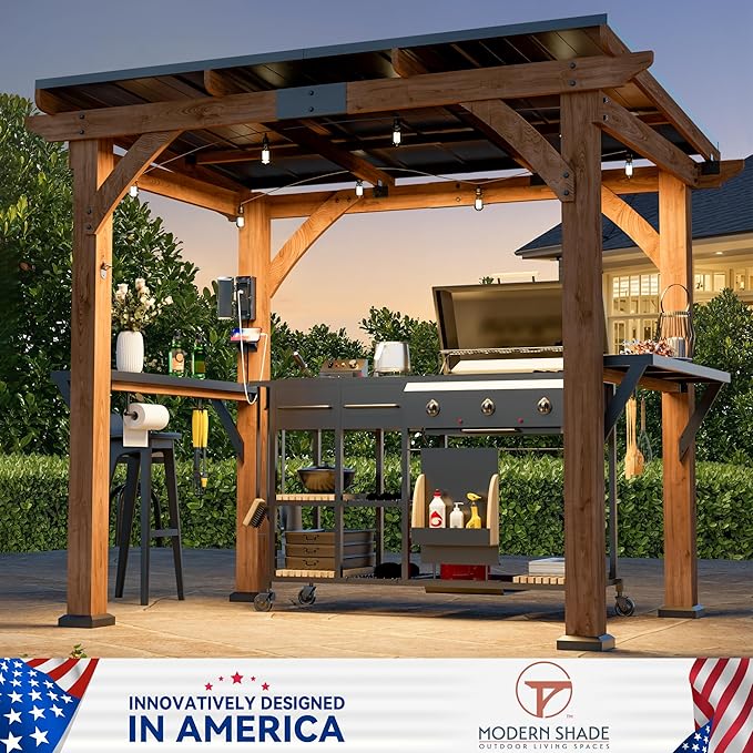 Modern Shade Grill Gazebo 6' X 8', Cedar Wood Gazebo with Shelves and Paper Towel Holder, Outdoor Bar with Galvanized Steel Roof, USB and USB-C Charging Ports, Outdoor Patio Bars for Backyard