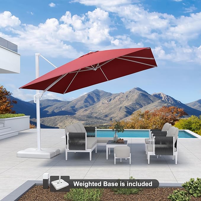 PURPLE LEAF 10 FT Patio Umbrella With Base White Cantilever Umbrella Square Outdoor Offset Umbrella Windproof with 360° Rotation for Garden Deck Pool, Ruby Red