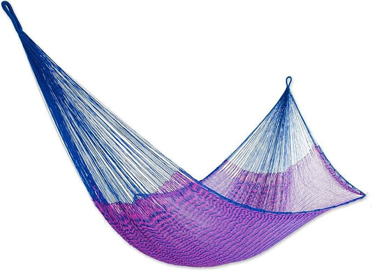 NOVICA Blue Fuchsia Pink Hand Woven Nylon Mayan 1 Person Rope Hammock With Hanging Accessories, 'Iridescent Tropics' (Single)