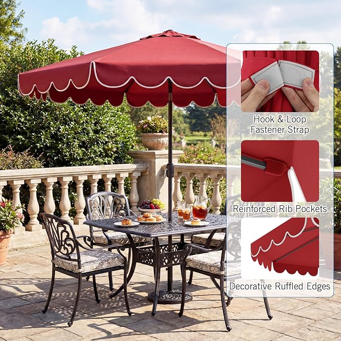 RELAX4LIFE 10 FT Scalloped Patio Umbrella, Market Table Umbrella with Push Button Tilt, Crank, 8 Sturdy Metal Ribs, Vented Top, Sun-Protective Ruffled Canopy, Heavy-duty Outdoor Parasol for Garden Poolside Deck
