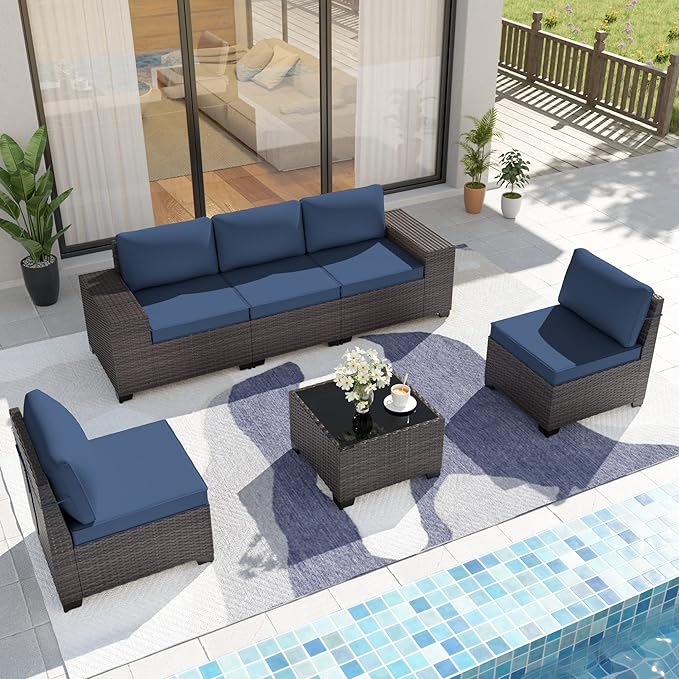 Patio Furniture Set Sofa 6-Pieces Wicker Sectional Sofa Set, Outdoor Furniture Rattan Patio Conversation Set with Thickened Cushion and Glass Coffee Table, Navy Blue