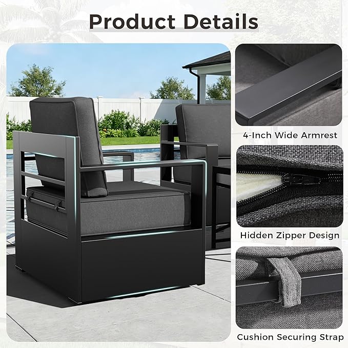 Outdoor Patio Furniture Set, 6-Piece Aluminum Patio Conversation Set All-Weather Metal Outdoor Sectional with 6 Inch Thick Cushions, Deep Setting and Fireplace for Garden, Outside and Porch, Grey