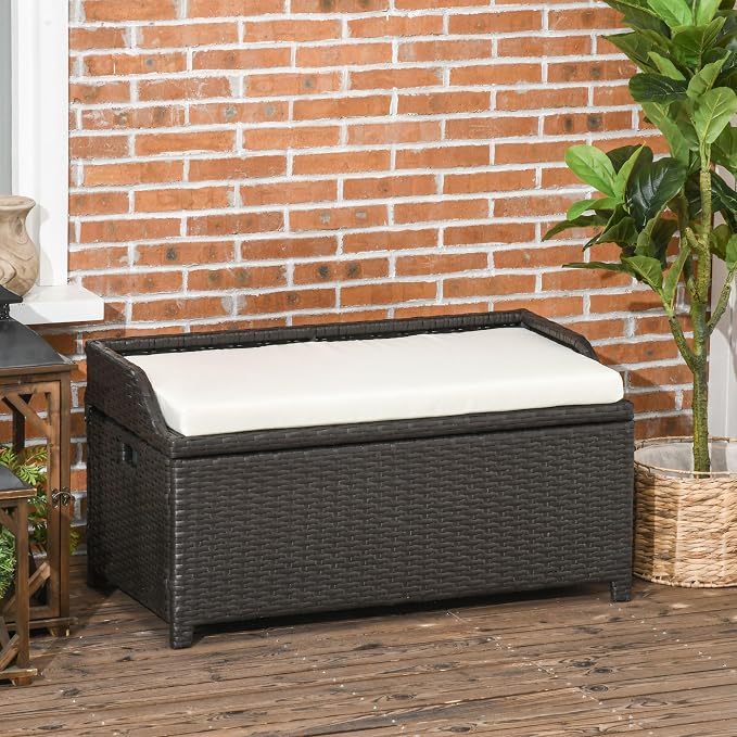Outdoor Wicker Storage Bench Deck Box, PE Rattan Patio Furniture Pool Container Storage Bin with Interior Waterproof Bag and Comfortable Cushion, Cream White