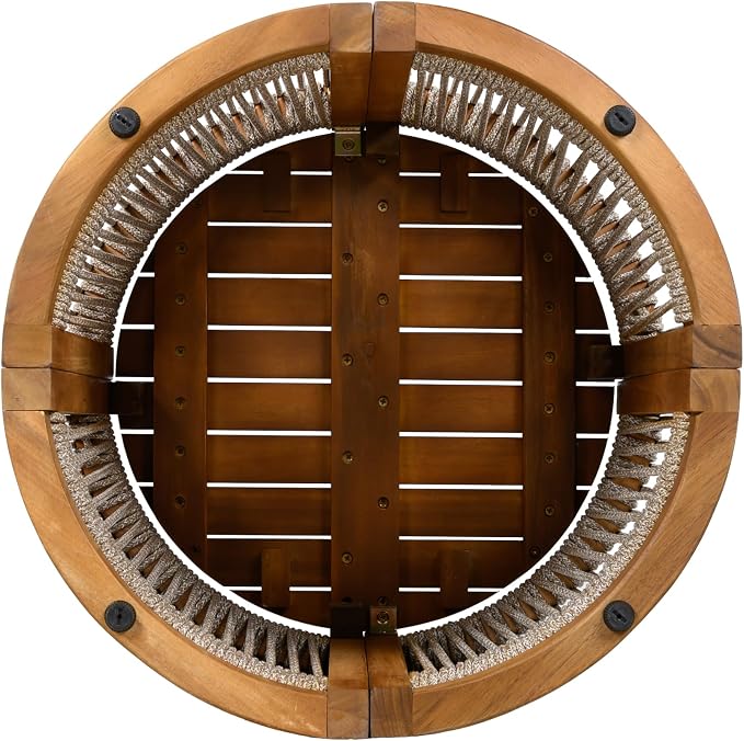 roomfitters 16.9" Acacia Wood Outdoor Side Table, Luxury Handwoven Rope Accent Boho Patio Table, Modern Round Slatted Garden End Table