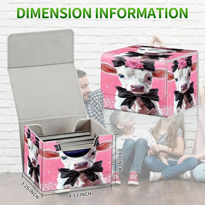 Card Deck Box for MTG, Cards Storage Box Fits 120+ Sleeved, Leather Small Size Strong Magnetic Closing Card Case for Board Games Magic TCG CCG Baseball Collection, Pink Flower White Cow