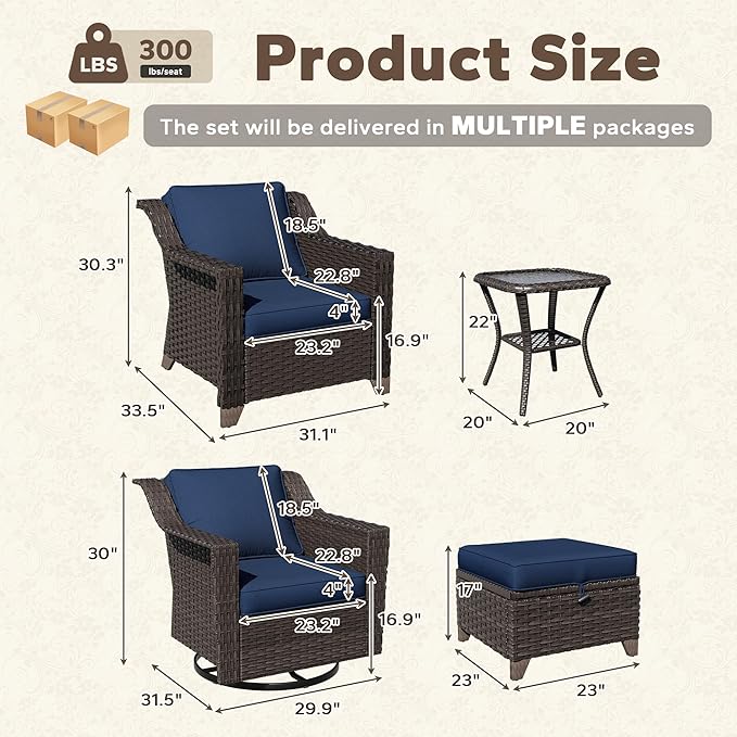 7 Pieces Patio Conversation Furniture Set - 2 Armchairs, 2 Ottomans, 2 Swivel Chairs, 1 Side Table, Outdoor Wicker Furniture with Removable Cushions for Porch, Balcony, Sunroom (Blue)