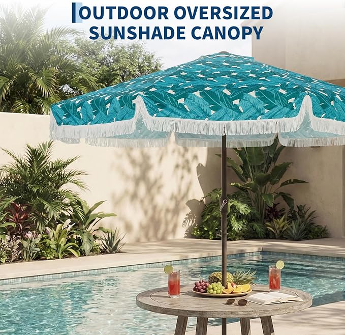 Garvee 10FT Fringe Patio Umbrella with Crank Handle, Push Button Tilt for Sun Shade, 8 Fiberglass Ribs, 1.5"D Premium Steel Pole, Outdoor Large Tassel Umbrella for Patio Beach Pool Backyard, 10' Leaf