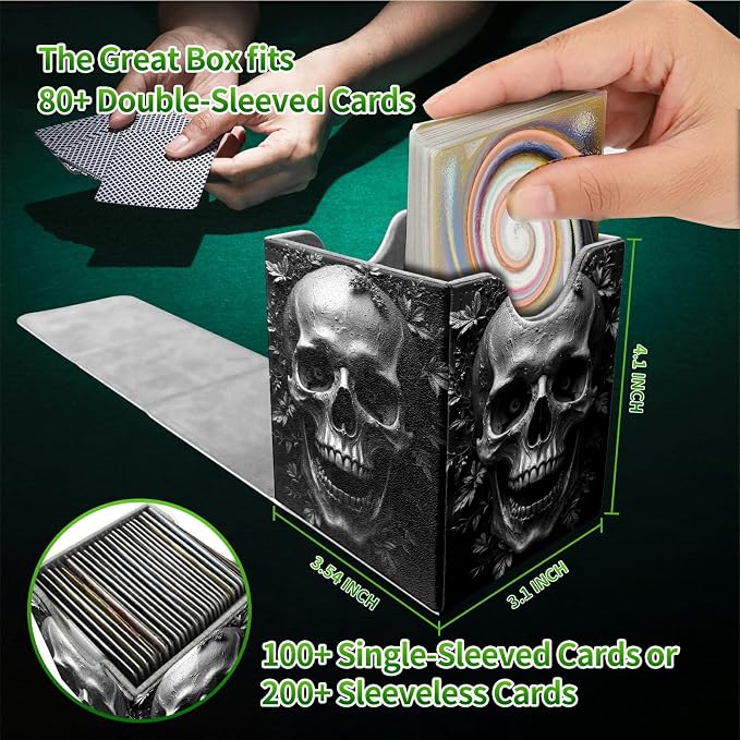 Dark Skull Card Deck Box for MTG, Personalized Card Storage Case Fits 120+ Sleeved Cards, Premium Leather TCG Box with Strong Magnetic Closure for Magic, CCG, PTCG, Baseball Cards