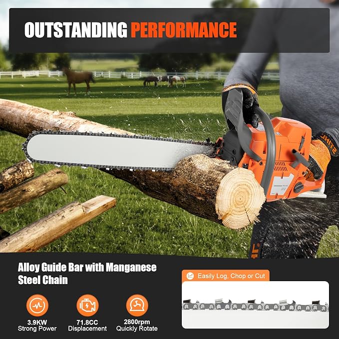Gas Chainsaw, 24 Inch Gas Sawing Crankcase Chain Saw 72CC 2 Stroke Petrol Handheld Gasoline Chainsaws Top Handle Chainsaw Gas Powered 2700RPM 3900W