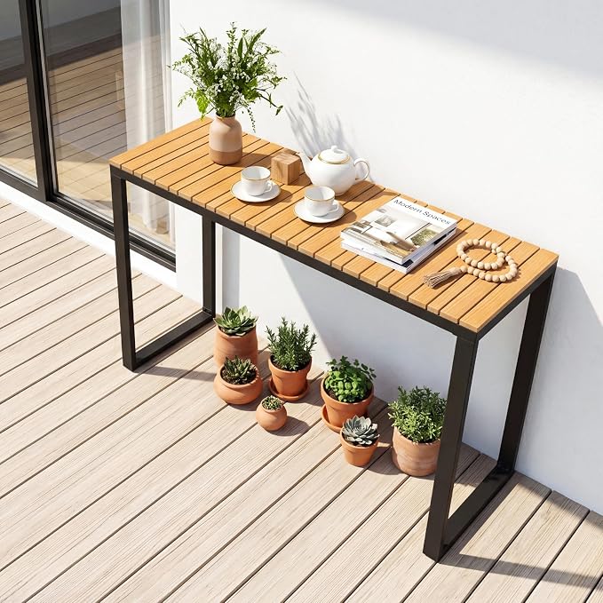 Tangkula Outdoor Console Table, Narrow Patio Dining Table with Acacia Wood Top & Metal Frame, Buffet Table for Small Space, Plant Stand for Deck Poolside Garden Entryway Porch, Natural