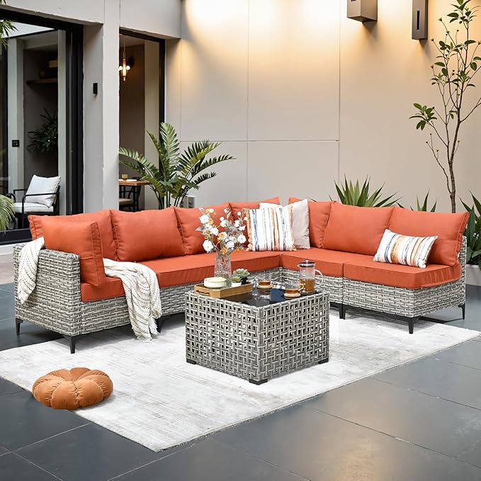 Outdoor Patio Furniture Sets,7 PCS Patio Conversation Set Outside Rattan Sectional Sofa with Coffee Table Fit Backyard Porch Garden Poolside Balcony