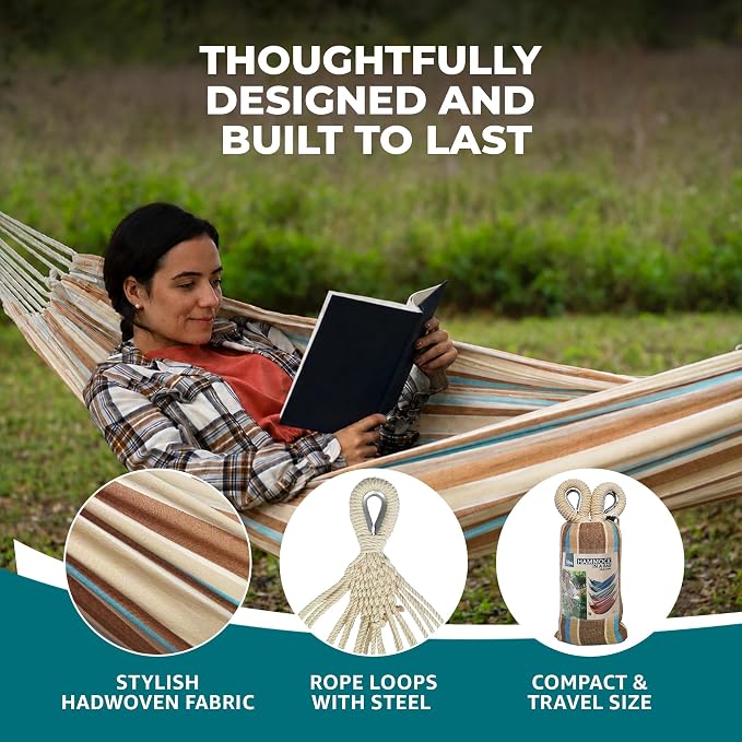 Bliss Hammocks 40" W Single Outdoor Hammock with Universal Multi-Loop Suspension with "S" Hooks, Durable, Cotton/Polyester, 220 Lbs Capacity, Hampton Stripe