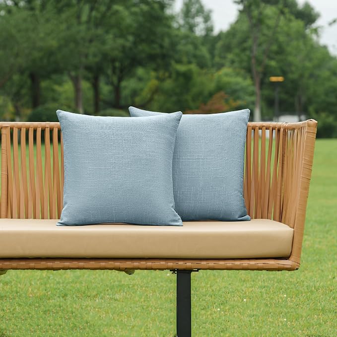 NiNi ALL Pack of 2 Decorative Outdoor Waterproof Pillow Covers Square Garden Linen Textured Cushion Sham Throw Pillowcase Set of 2 for Patio Farmhouse Garden Tent Couch 26x26 Inch Light Blue