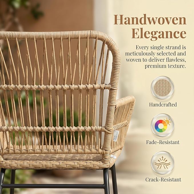 BULEXYARD 3 Pcs Boho Outdoor Patio Furniture Sets with Side Coffee Table, Natural Color Wicker Conversation Chair Sets with Cozy Beige Cushion for Backyard Porch Balcony Deck