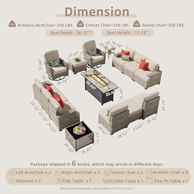 15-Piece Outdoor Sectional Sofa Set w/ 54" Fire Pit – L-Shaped Wicker Patio Furniture, Deep Seating & Swivel Rockers, Beige