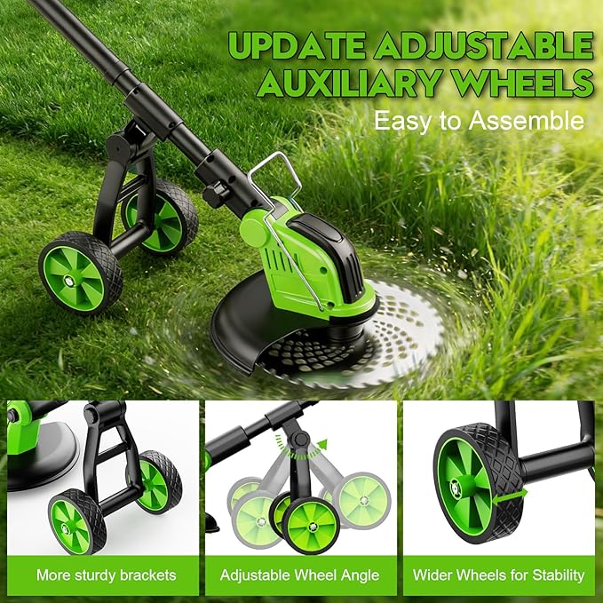 20000 RPM Electric Weed Eater Battery Powered 6000mAh, 12″ Brushless Electric Weed Wacker Cordless Wheeled Edger Trimmer, 4-in-1 Brush Cutter Heavy Duty/String Trimmer/Lawn Mower Edger, 2 Battery Tool