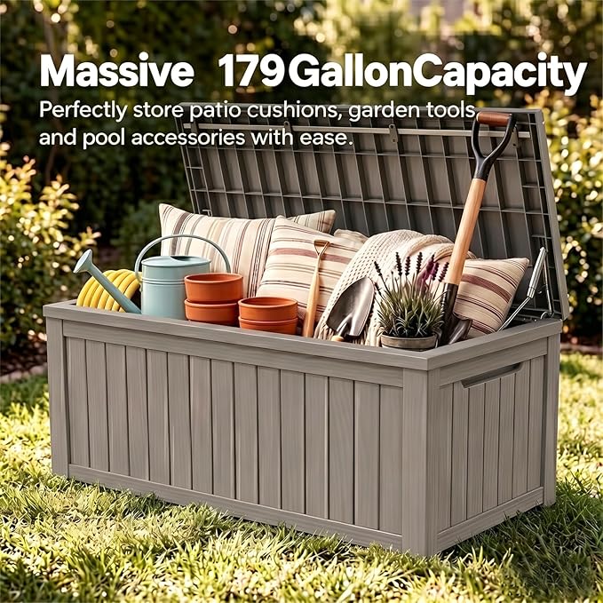 179 Gallon Resin Outdoor Storage Box, Waterproof Deck Box with Lockable Lid, Outside Storage Box for Patio Furniture, Pool Accessories, Garden Tools, Storage Bench for Backyard, Porch, Gray Brown