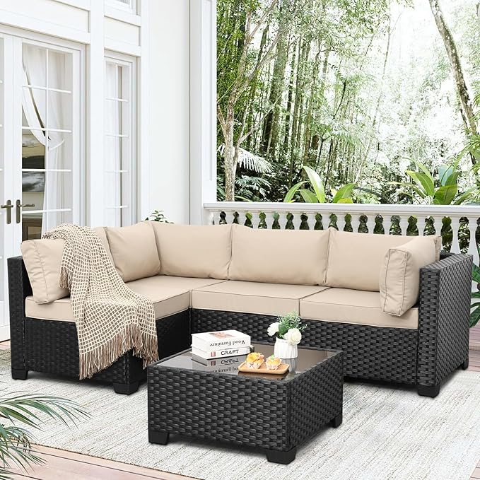 WAROOM Outdoor 5 Piece Patio Furniture Set, Black Rattan Conversation Couch Resin Wicker Sectional Sofa Outside Chair with Coffee Table, Khaki Cushion