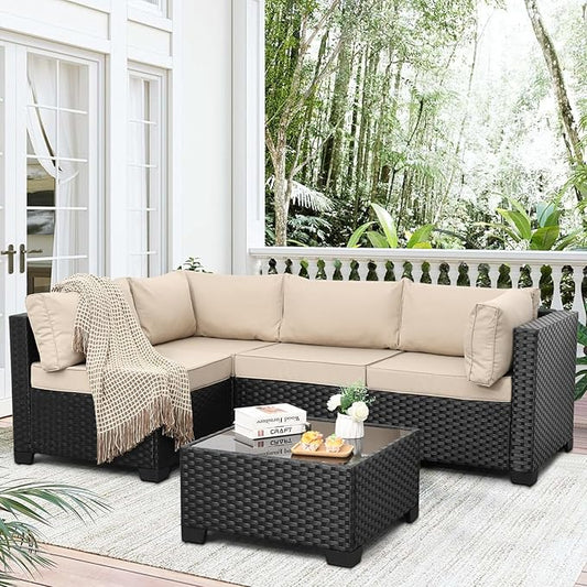 WAROOM Outdoor 5 Piece Patio Furniture Set, Black Rattan Conversation Couch Resin Wicker Sectional Sofa Outside Chair with Coffee Table, Khaki Cushion