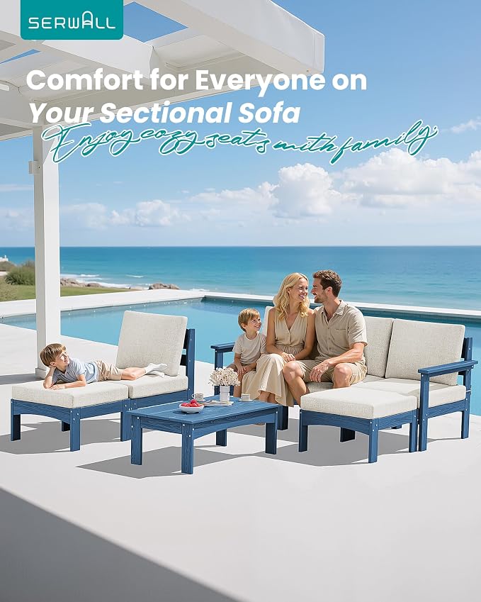 SERWALL 7 Pieces Patio Conversation Set, Heavy Duty HDPE Outdoor Sectional Sofas with Cushions and Coffee, All-Weather Outdoor Couch Set for Backyard, Deck and Porch, Blue Frame with Khaki Cushion