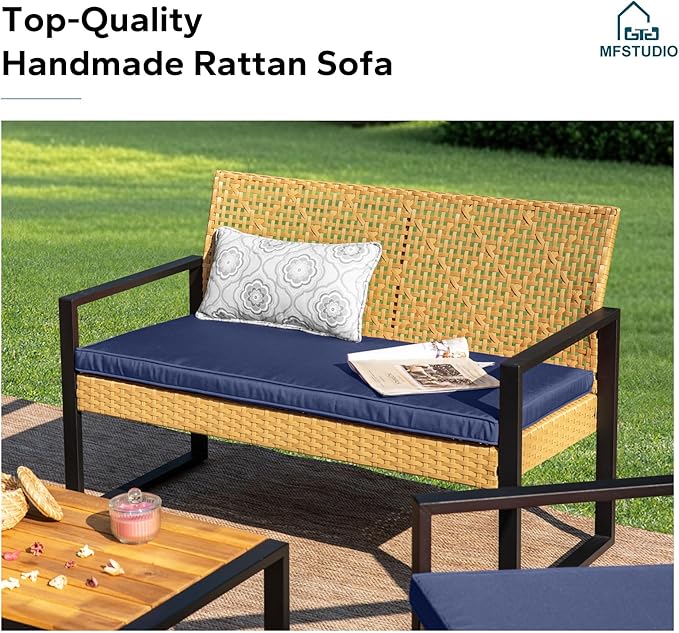 MFSTUDIO 4 Pieces Outdoor Patio Furniture Set, Small Outdoor Rattan Couch with Wood Table, Loveseat & Chairs, Loveseat Patio Sectional Furniture Set, Blue