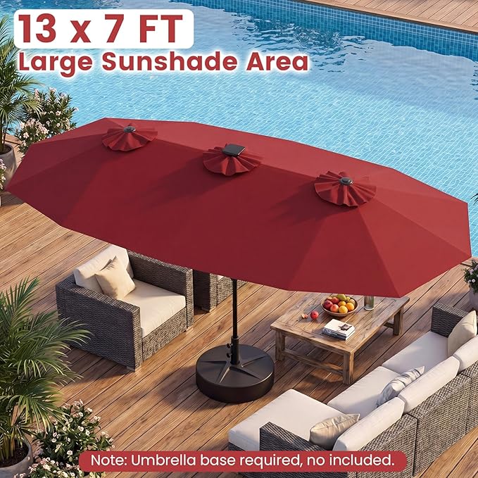Tangkula 13 Ft Solar Patio Umbrella, Double-Sided Extra Large Outdoor Market Table Umbrella with Multi-Colored Flowing LED Lights, Crank Handle, 12 Sturdy Ribs for Poolside, Garden & Backyard (Wine)